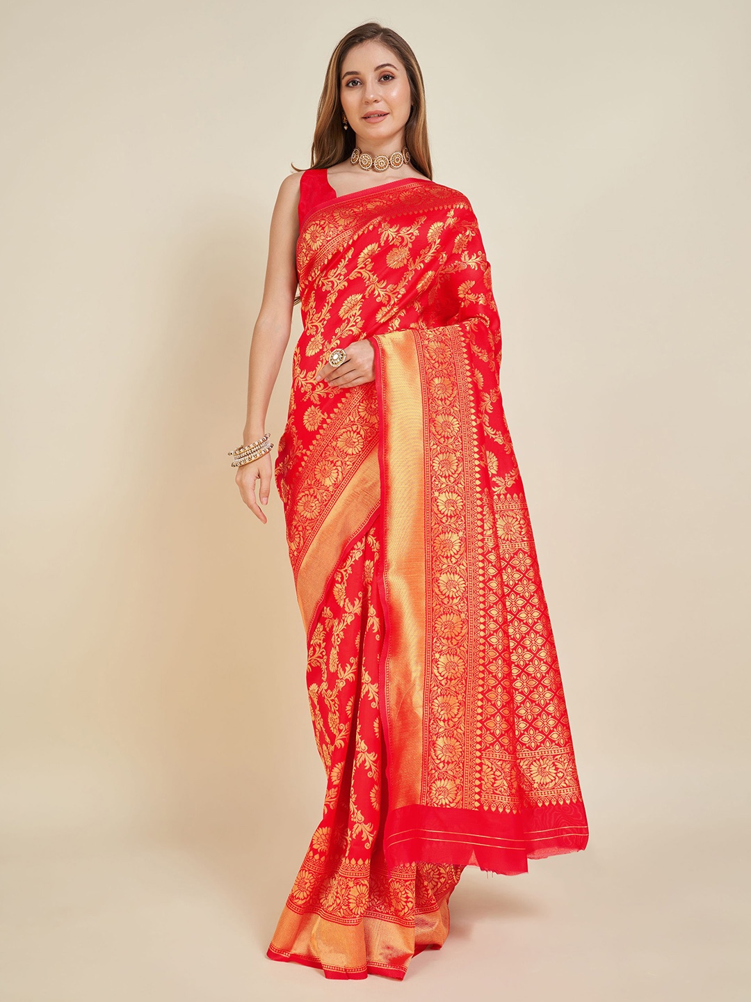 

V3 FASHION STUDIO Floral Woven Design Zari Banarasi Saree, Red