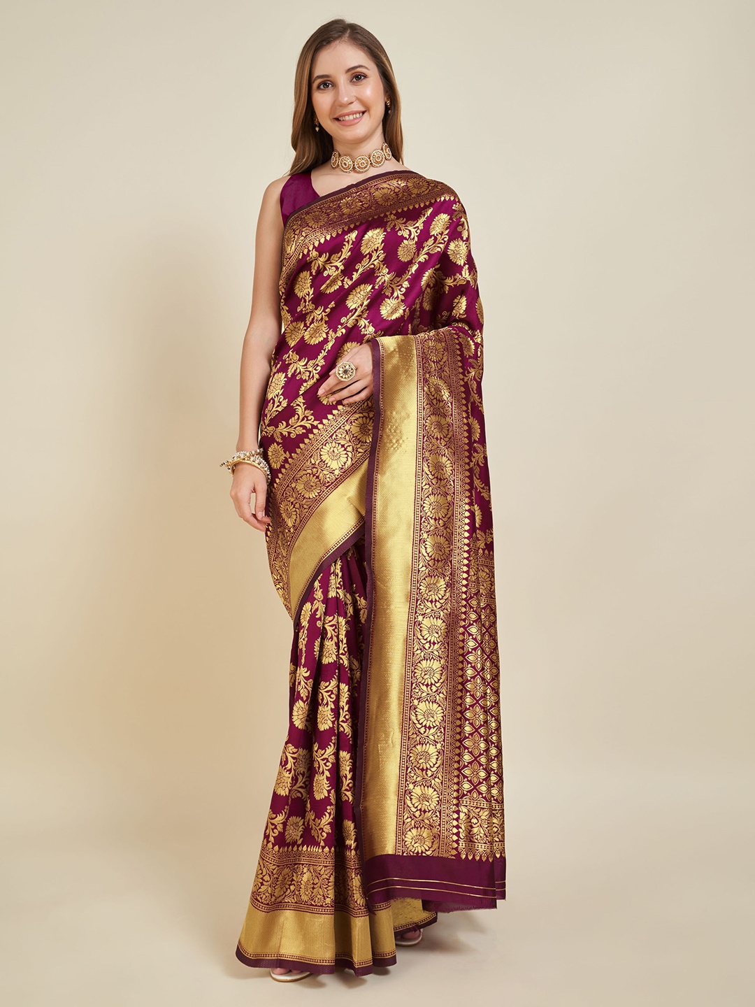 

V3 FASHION STUDIO Floral Woven Design Zari Banarasi Saree, Purple
