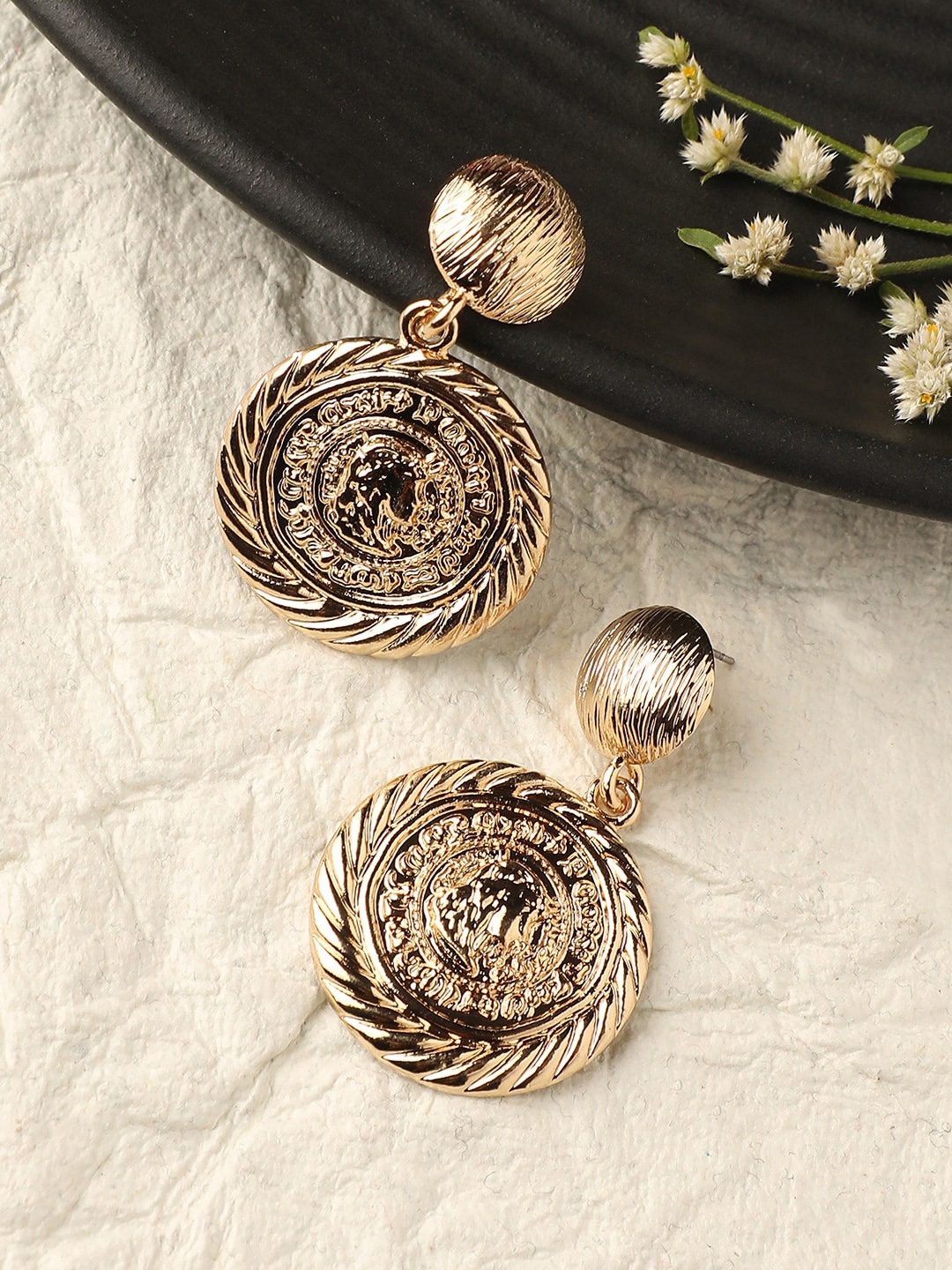 

DressBerry Gold-Toned Textured Contemporary Drop Earrings