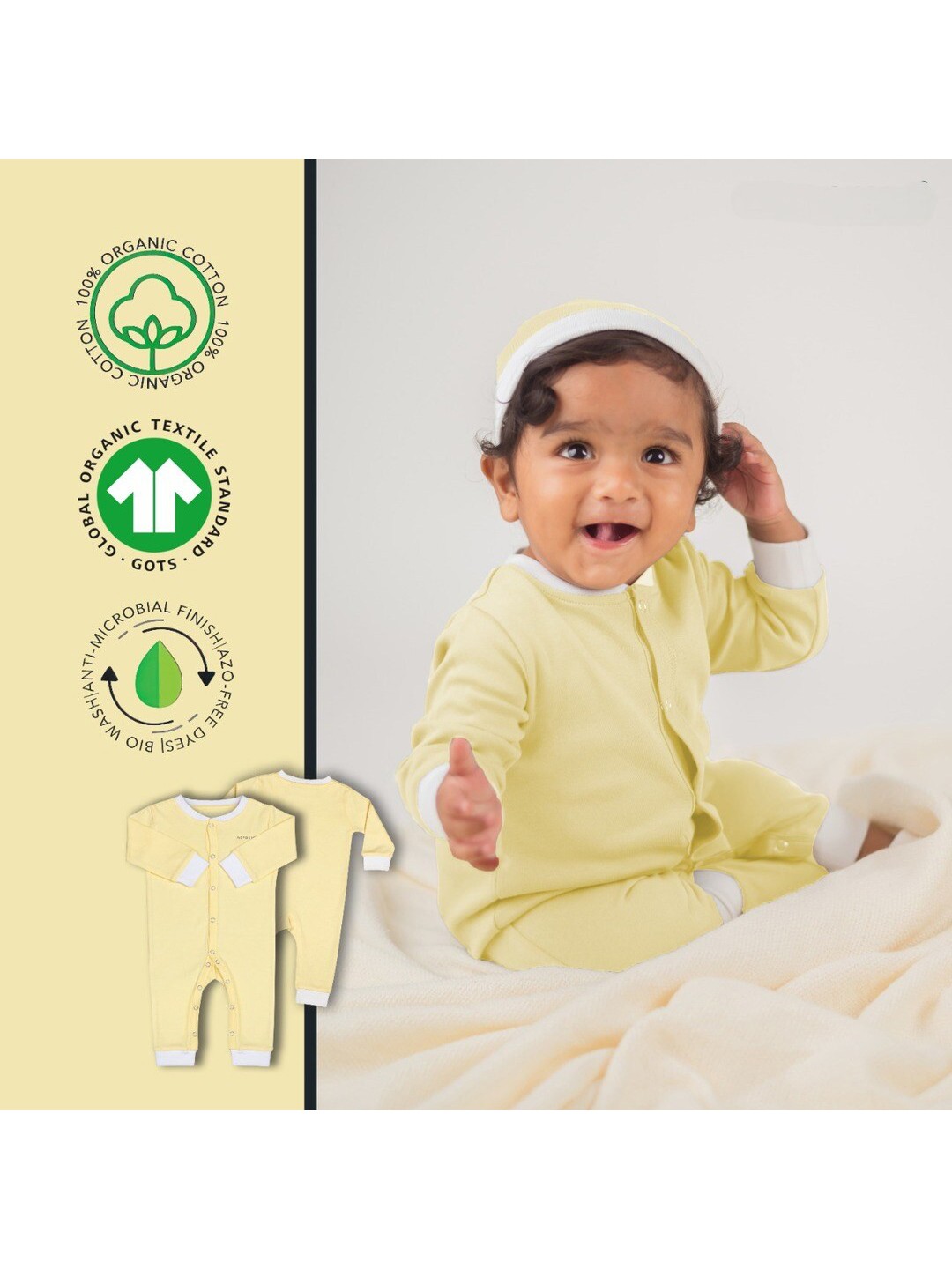 

BAESD Infants Anti-Microbial Organic Cotton Rompers, Yellow