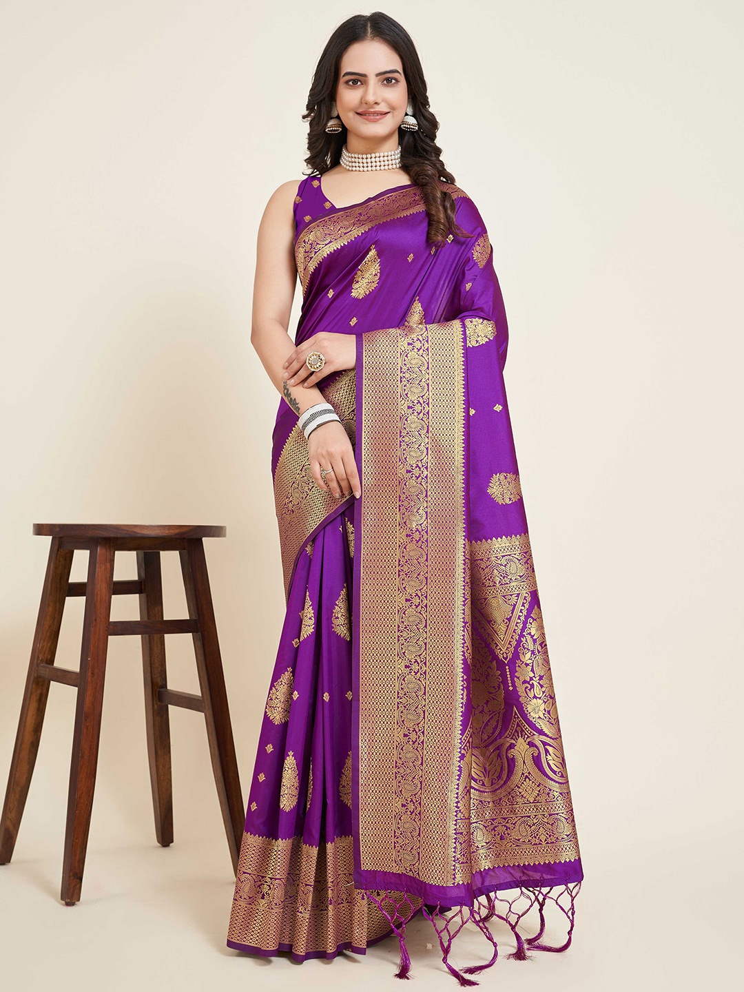 

Mitera Ethnic Motif Woven Design Zari Silk Banarasi Saree, Purple