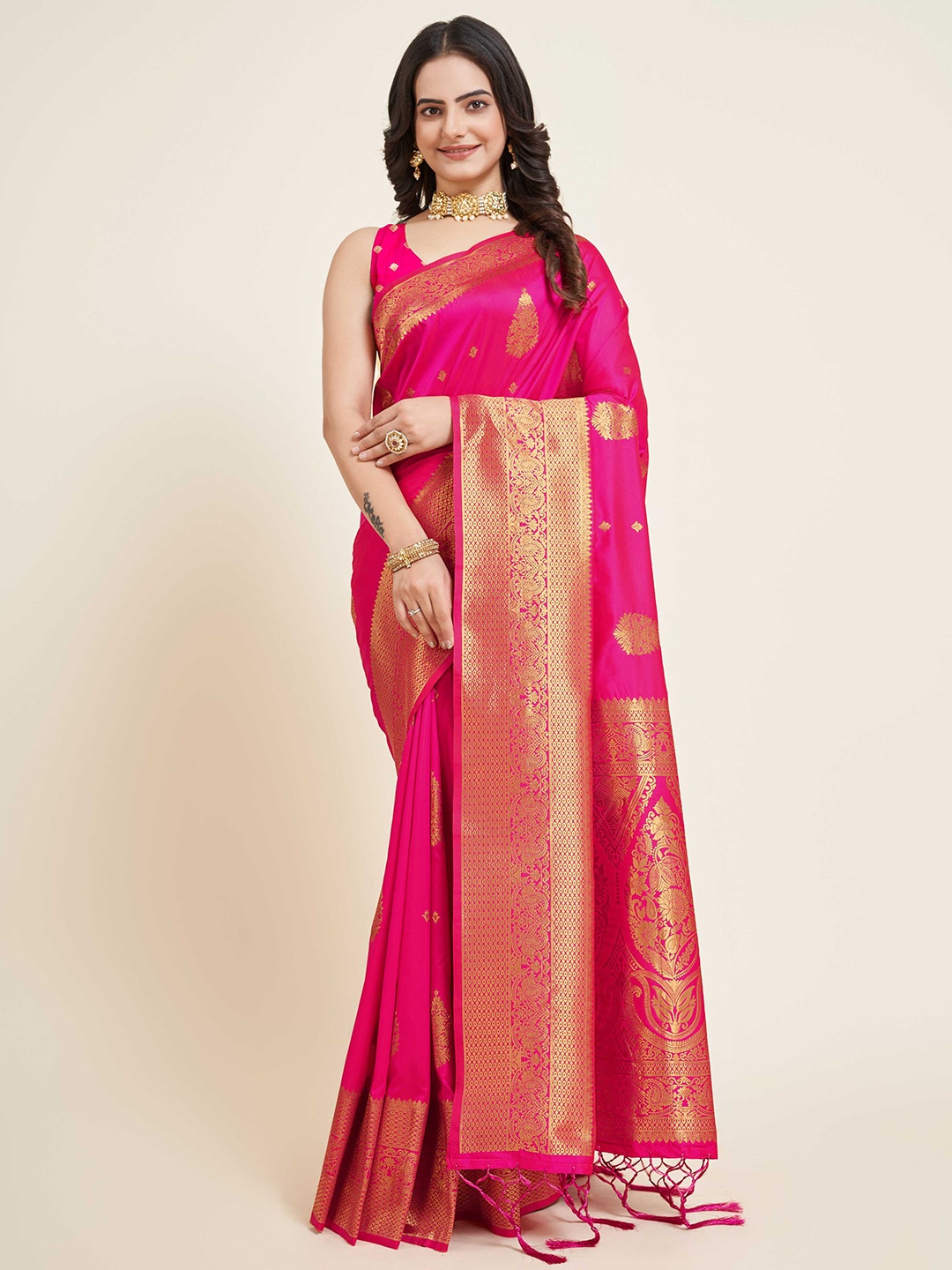 

Mitera Ethnic Motif Woven Design Zari Silk Banarasi Saree, Pink