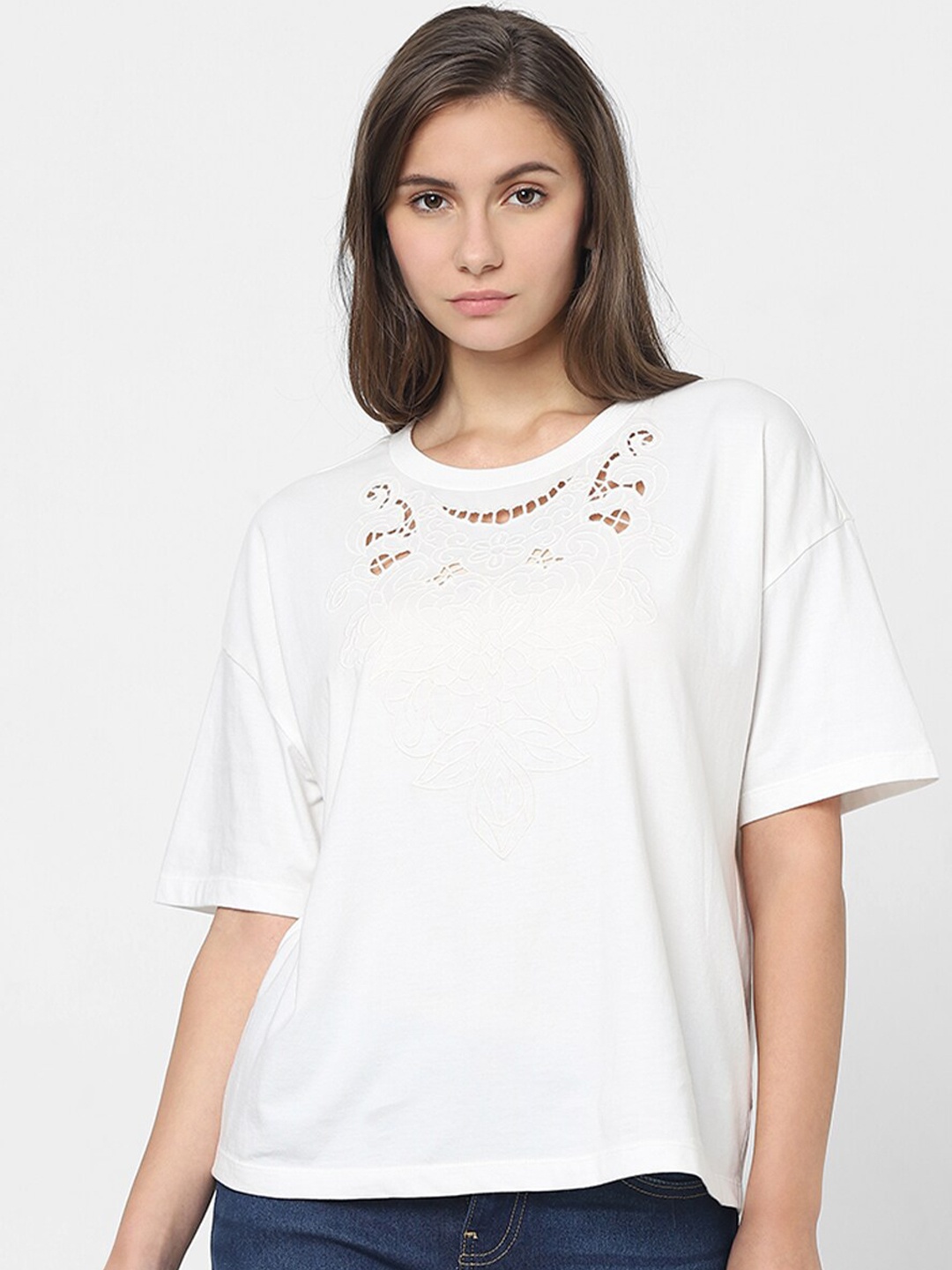 Vero Moda Drop Shoulder Sleeves Cut Out Pure Cotton T-shirt, White
