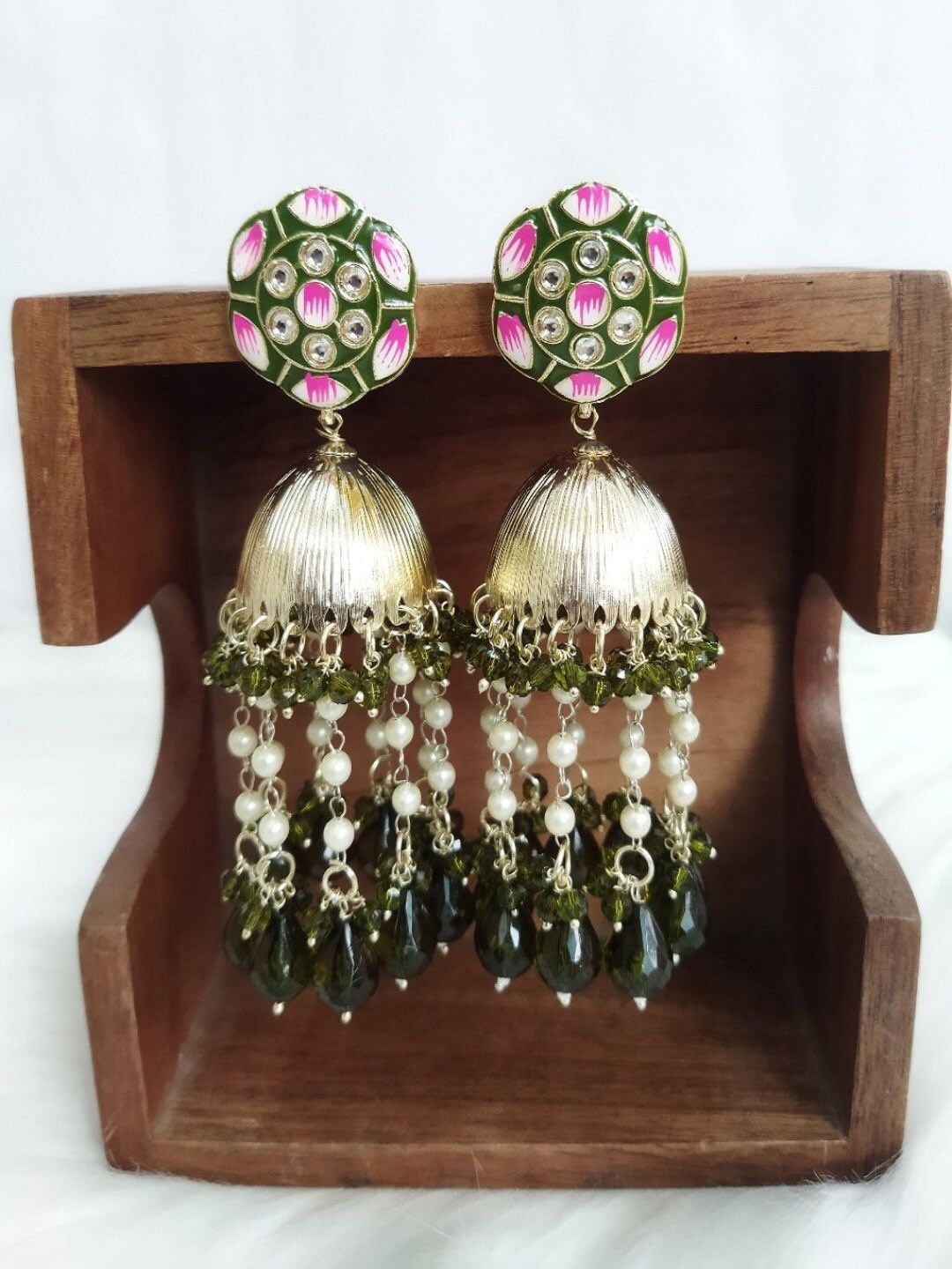 

Crunchy Fashion Gold-Plated Meenakari Contemporary Jhumkas