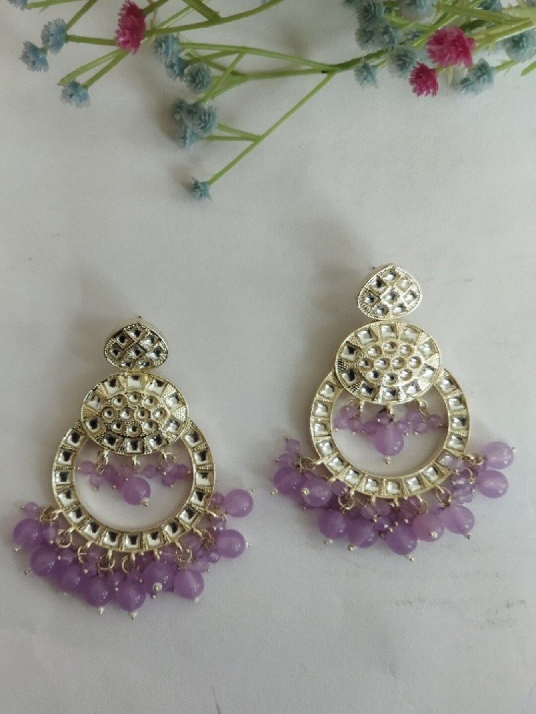 

Crunchy Fashion Gold-Plated Stone-Studded & Beaded Chandbalis