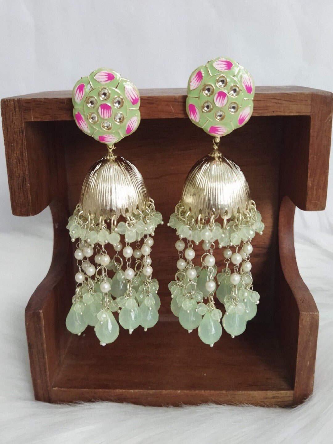 

Crunchy Fashion Gold-Plated Stone-Studded & Beaded Meenakari Dome Shaped Jhumkas