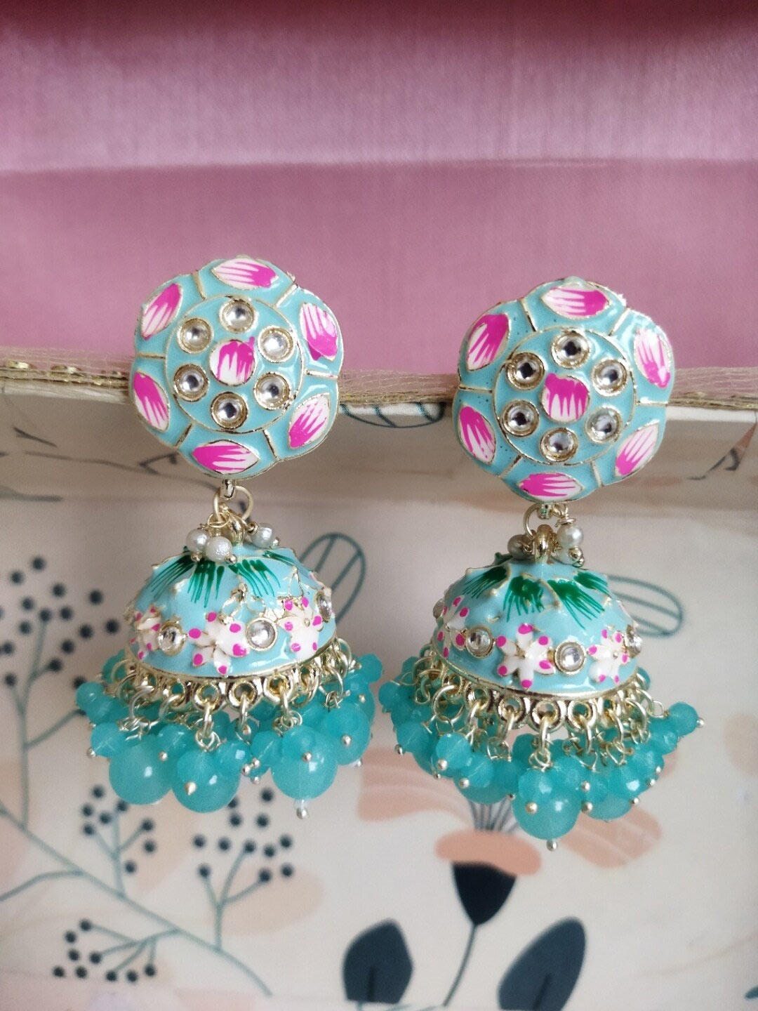 

Crunchy Fashion Gold-Plated Stone-Studded & Beaded Dome Shaped Jhumkas, Green