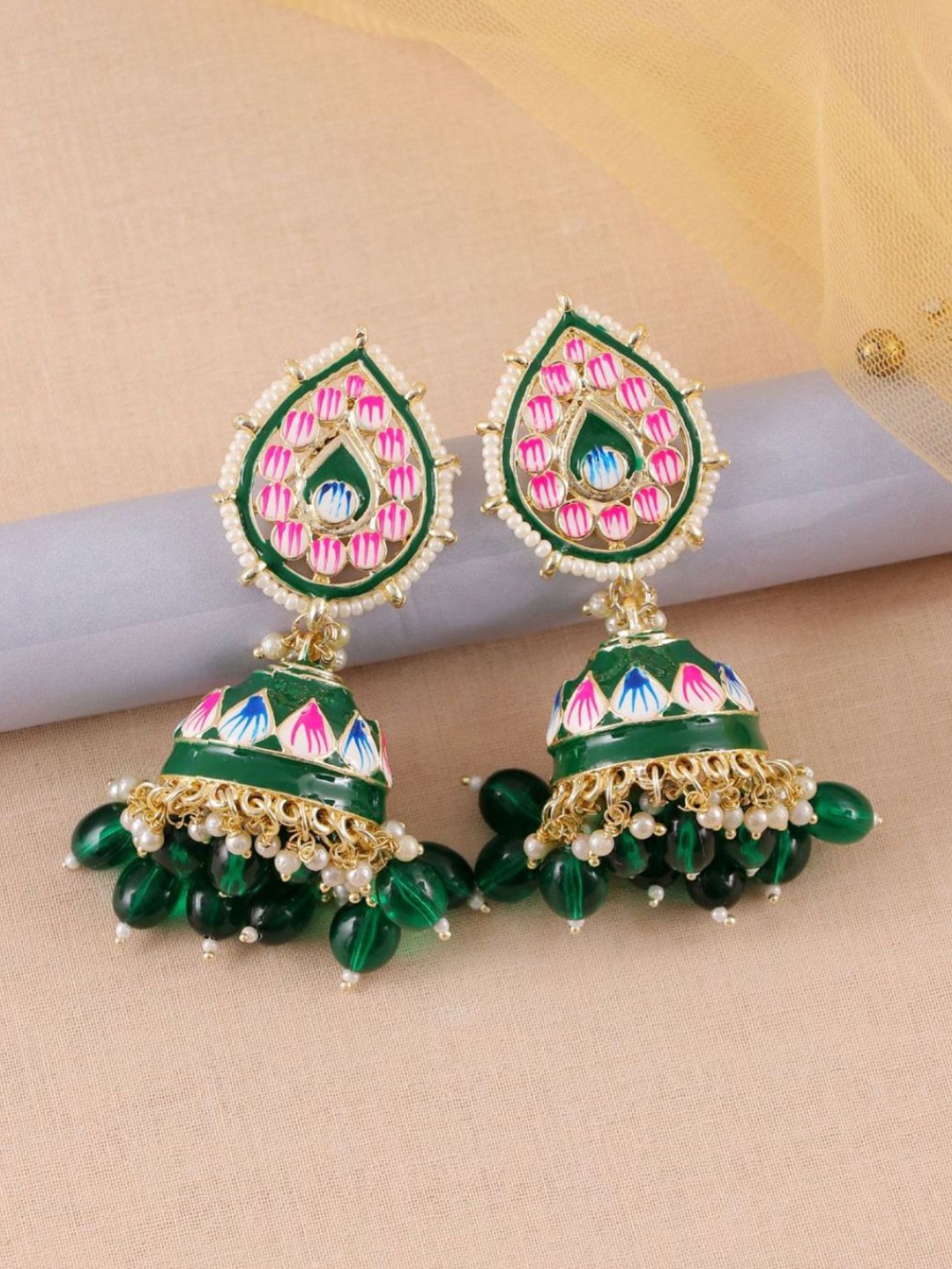 

Crunchy Fashion Gold-Plated Beaded Dome Shaped Jhumkas