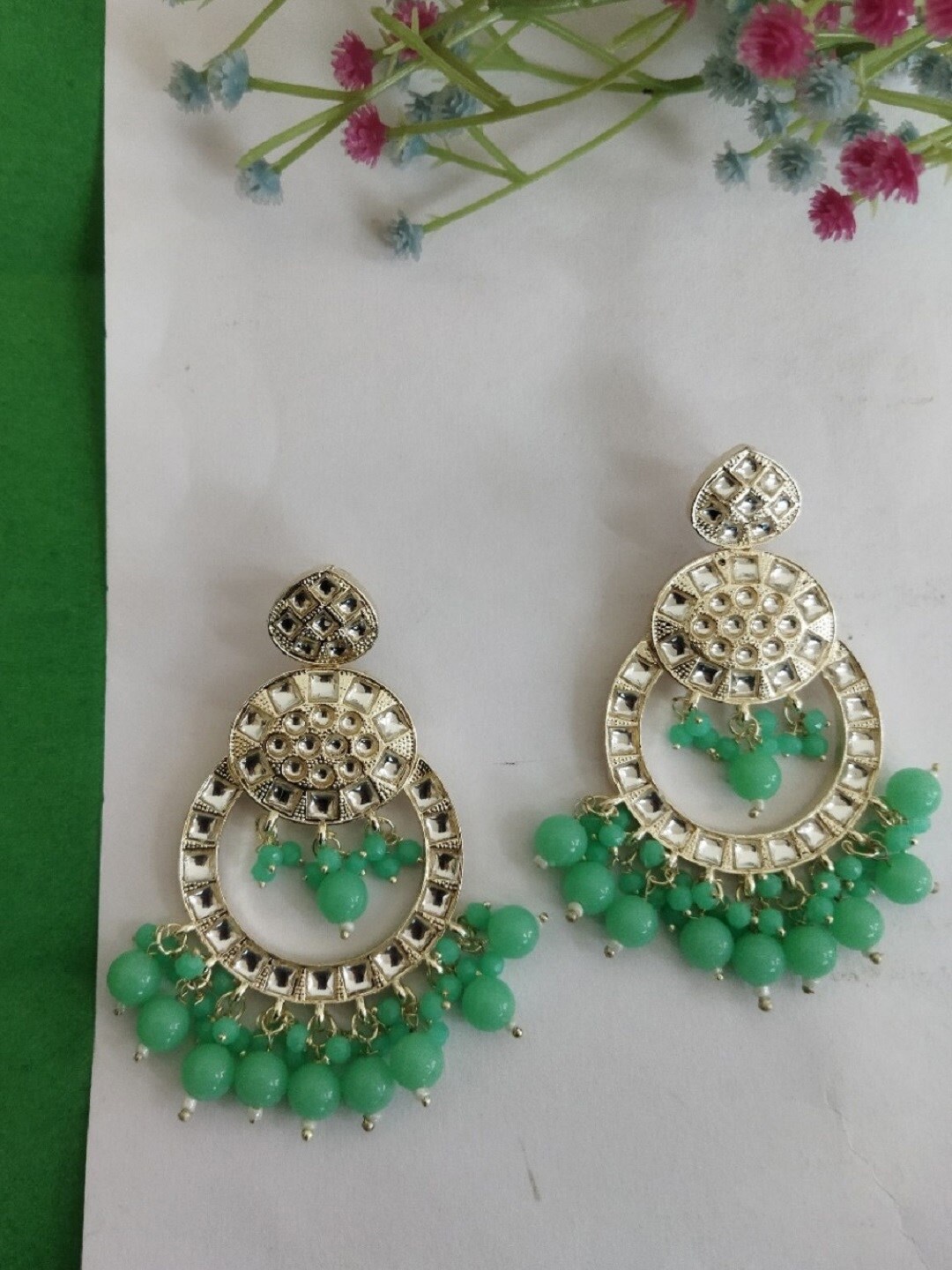 

Crunchy Fashion Gold-Plated Kundan-Studded Circular Chandbalis, Turquoise blue
