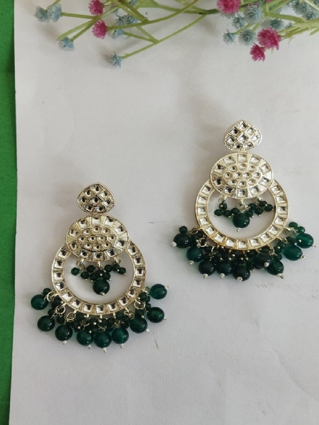 

Crunchy Fashion Gold-Plated Stone-Studded & Beaded Circular Chandbalis, Green