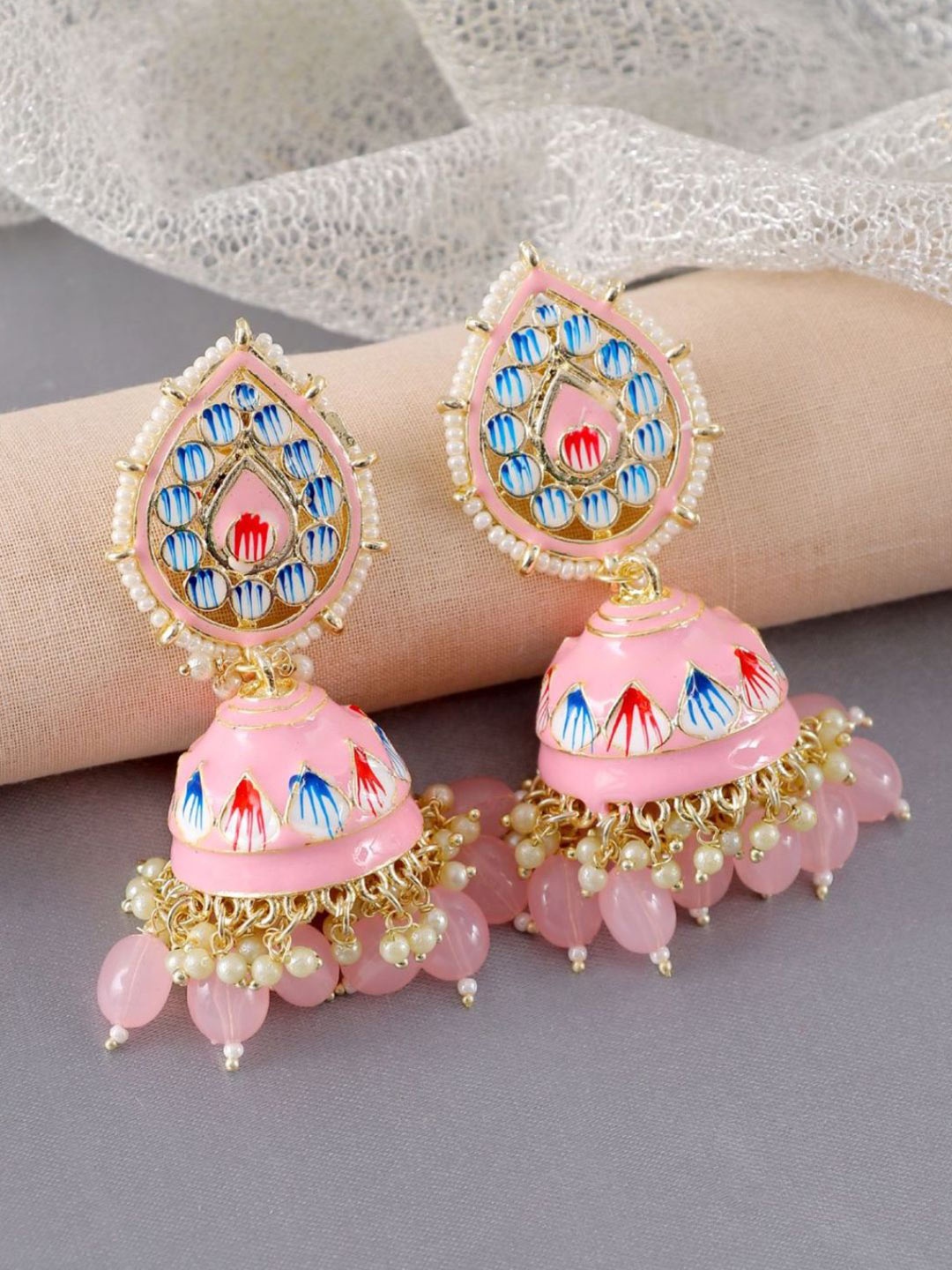 

Crunchy Fashion Gold-Plated Dome Shaped Meenakari Jhumkas