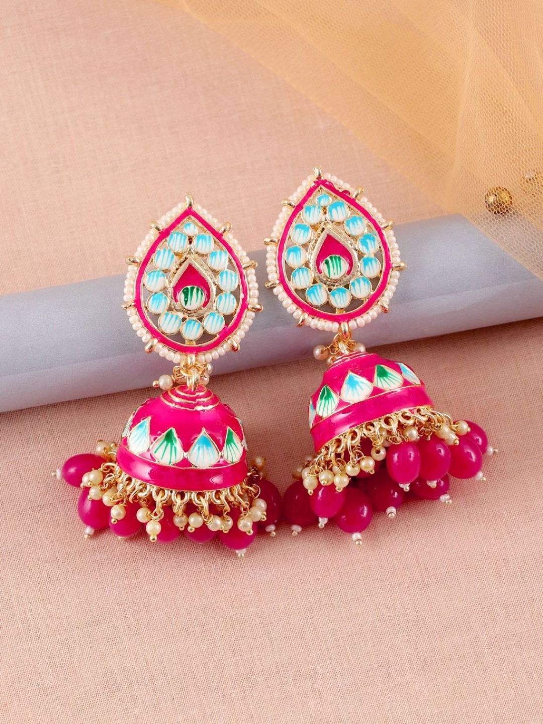 

Crunchy Fashion Gold-Plated Dome Shaped Meenakari Jhumkas