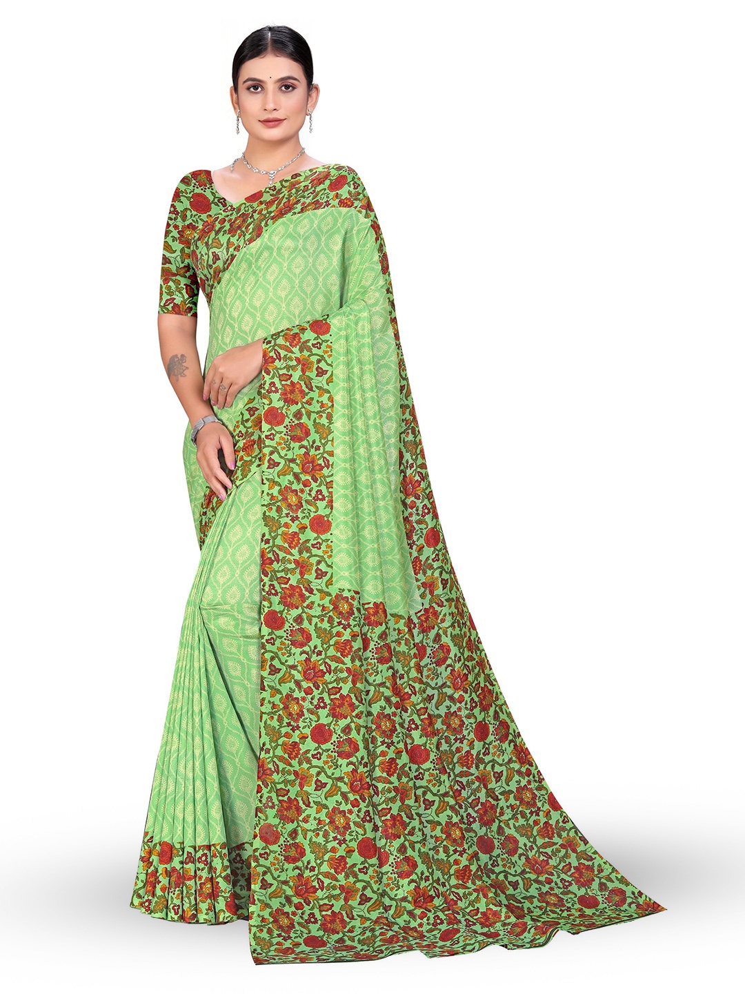 

VIMLA Floral Printed Kaanchi Silk Saree, Green