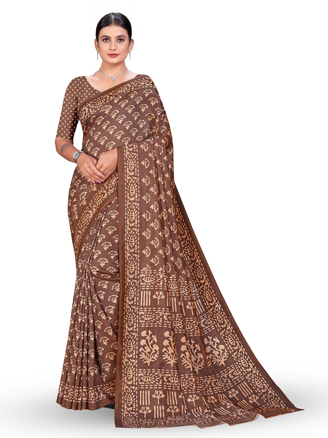 VIMLA Floral Printed Kaanchi Silk Saree, Brown
