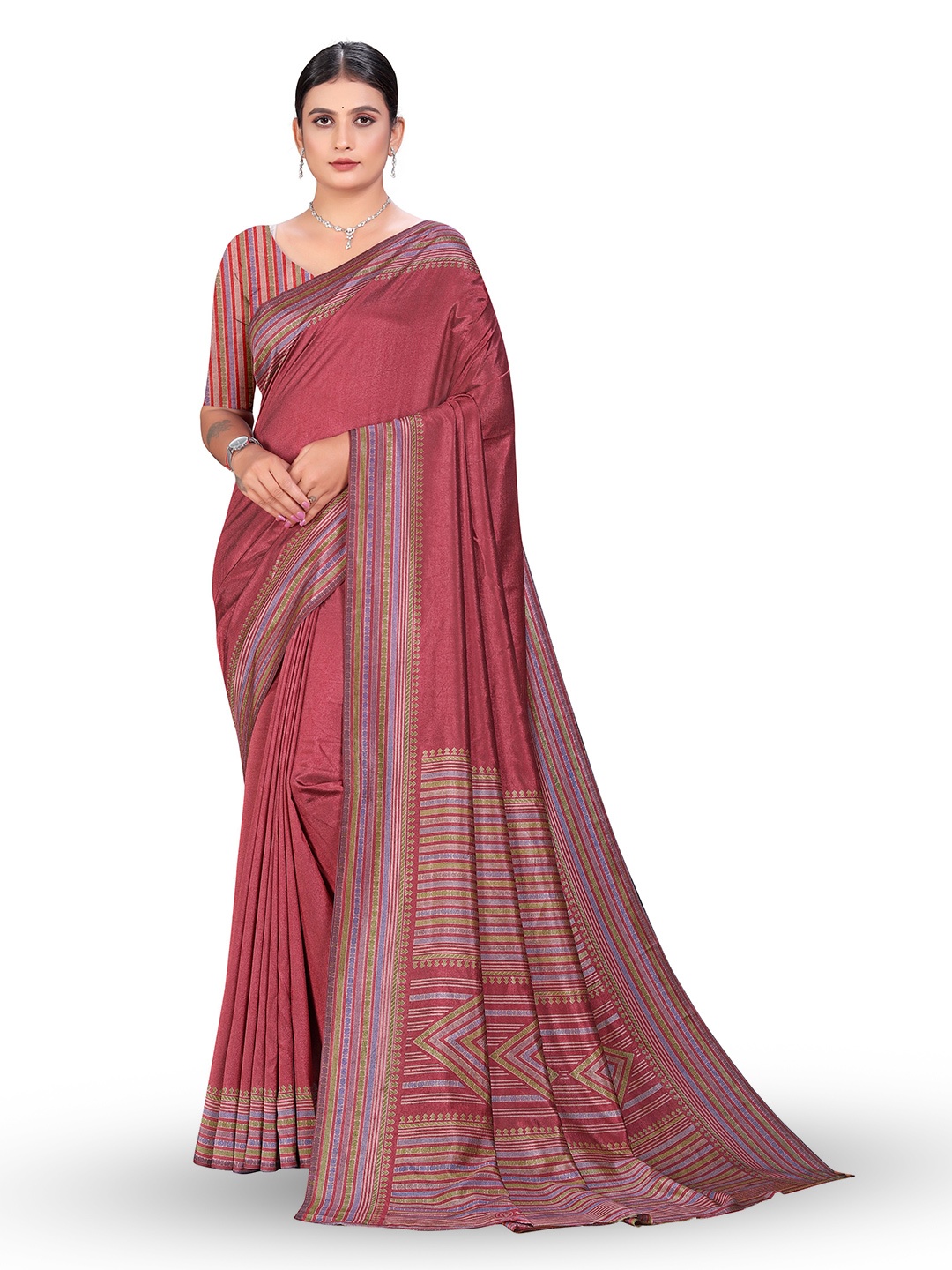 

VIMLA Striped Printed Kaanchi Silk Saree, Pink