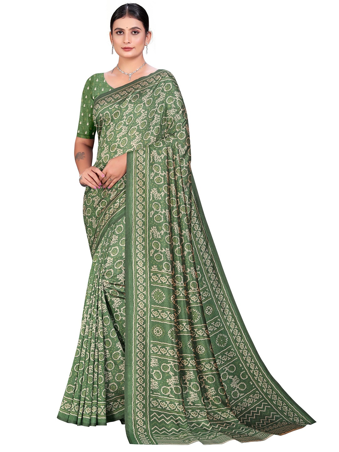 

VIMLA Floral Printed Mysore Silk Saree, Green