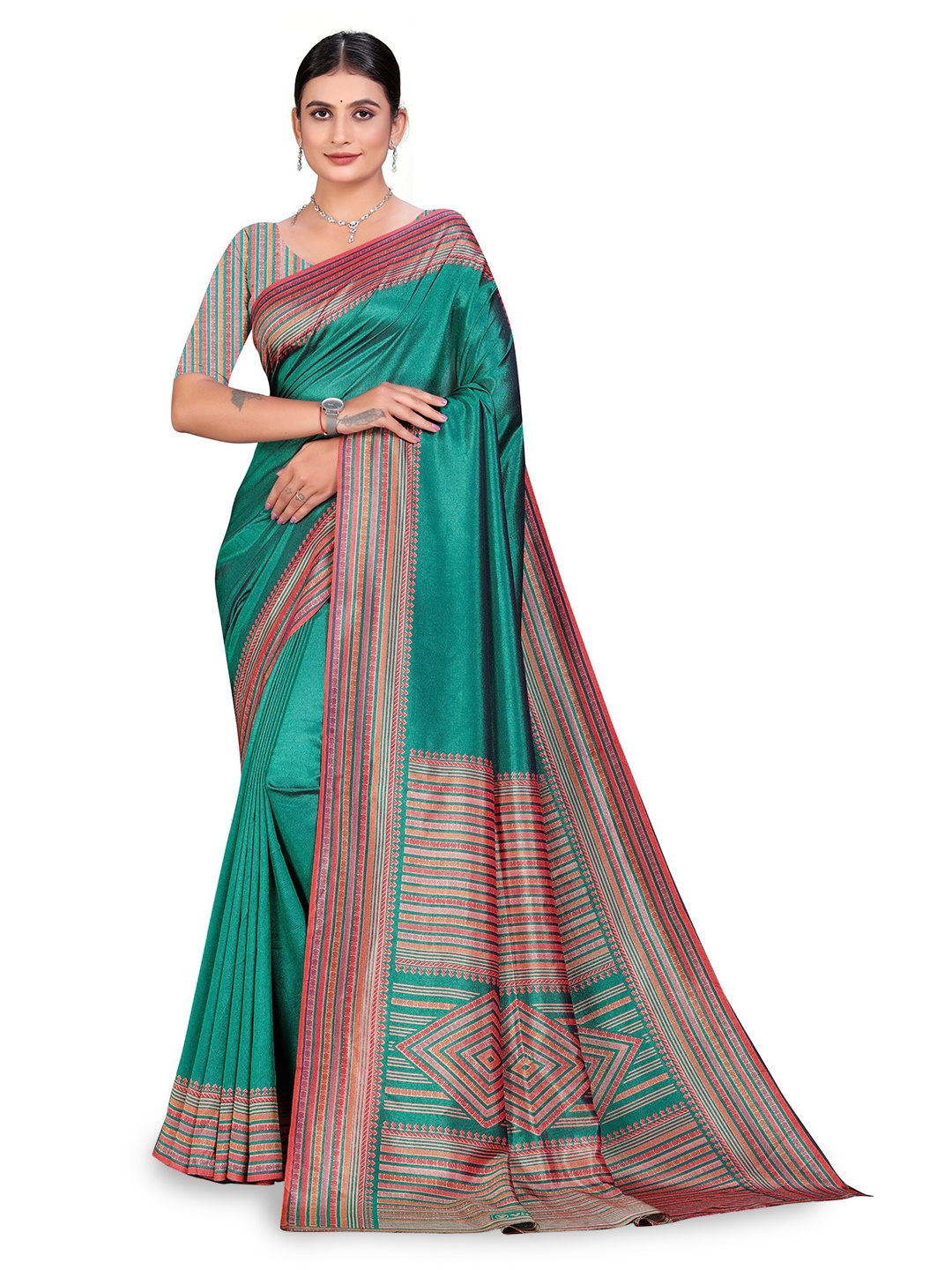 

VIMLA Striped Printed Kaanchi Silk Saree, Blue