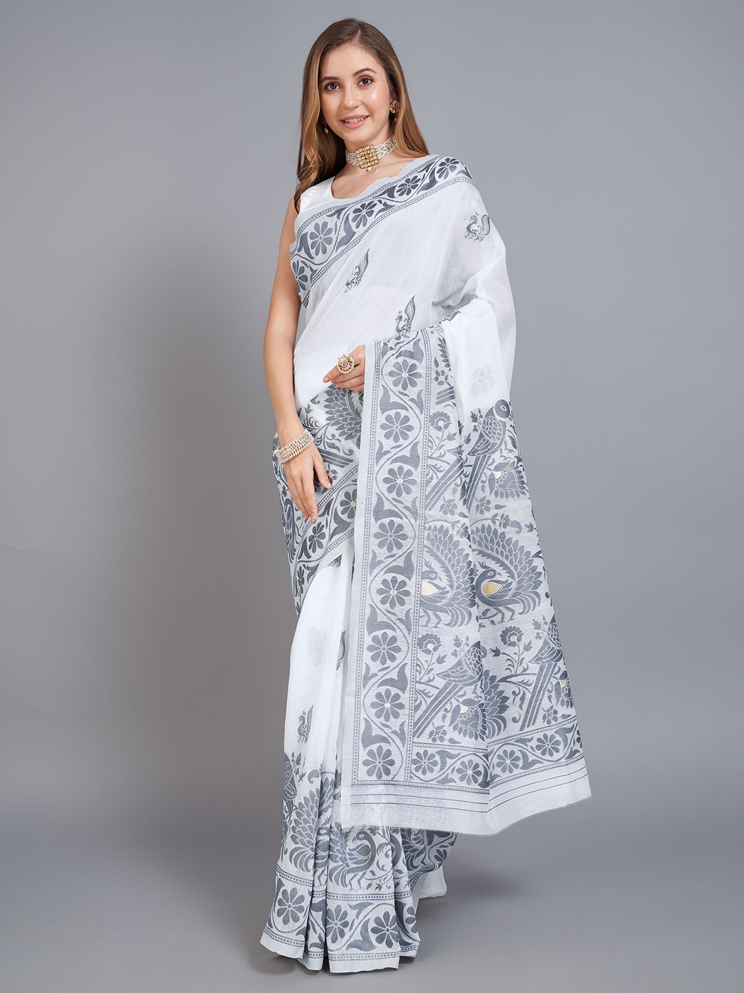 

DIVASTRI Ethnic Motifs Pure Cotton Jamdani Saree, Grey