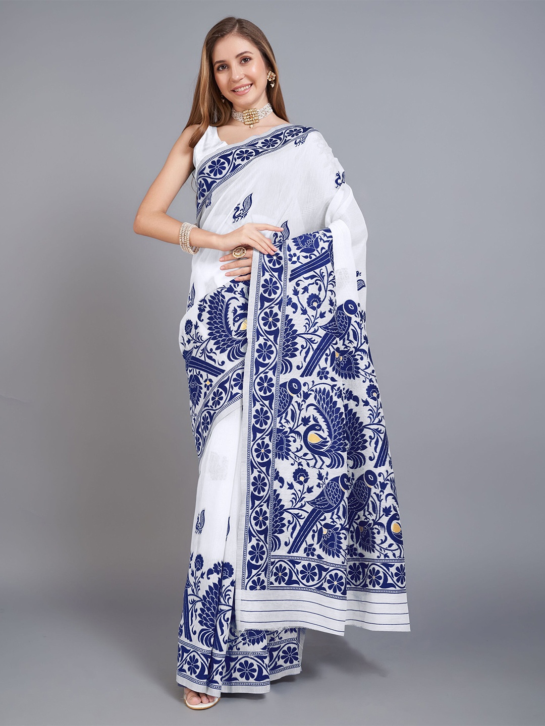 

DIVASTRI Ethnic Motifs Pure Cotton Jamdani Saree, Blue