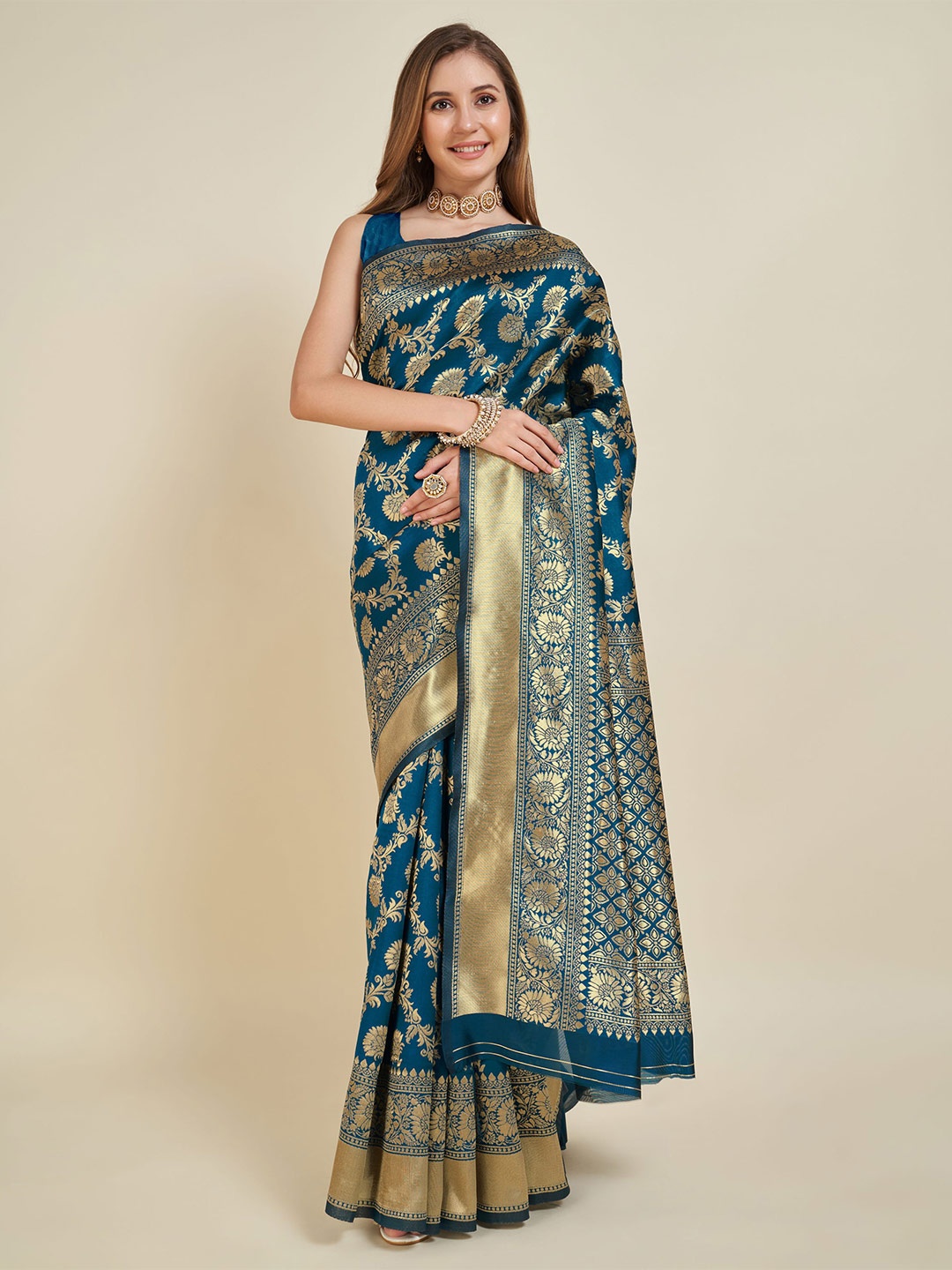 

DIVASTRI Ethnic Motifs Printed Zari Art Silk Banarasi Saree, Blue
