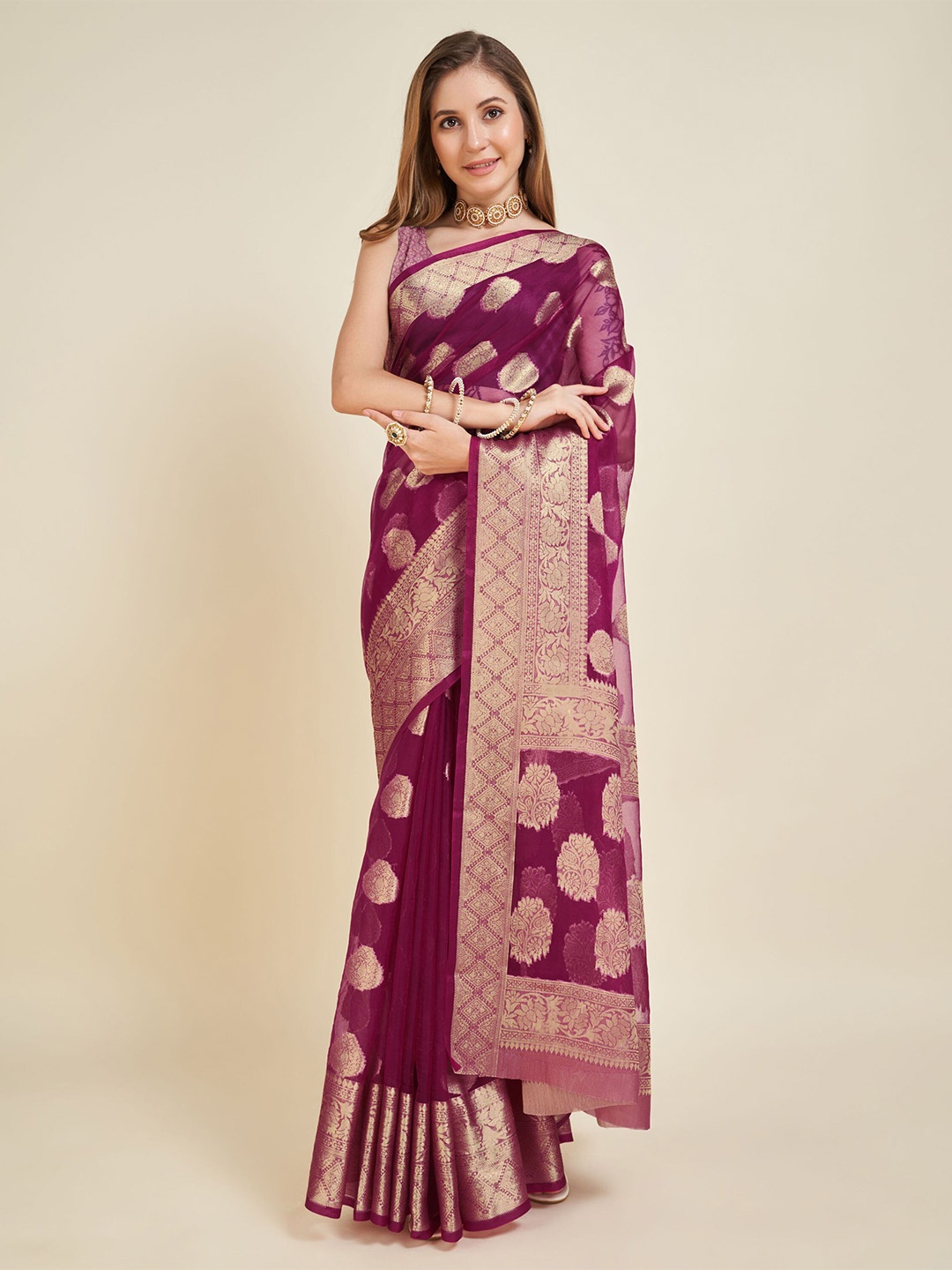 

DIVASTRI Ethnic Motifs Zari Organza Banarasi Saree, Purple