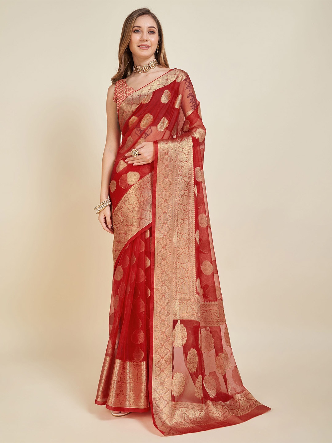 

DIVASTRI Ethnic Motifs Zari Organza Banarasi Saree, Red