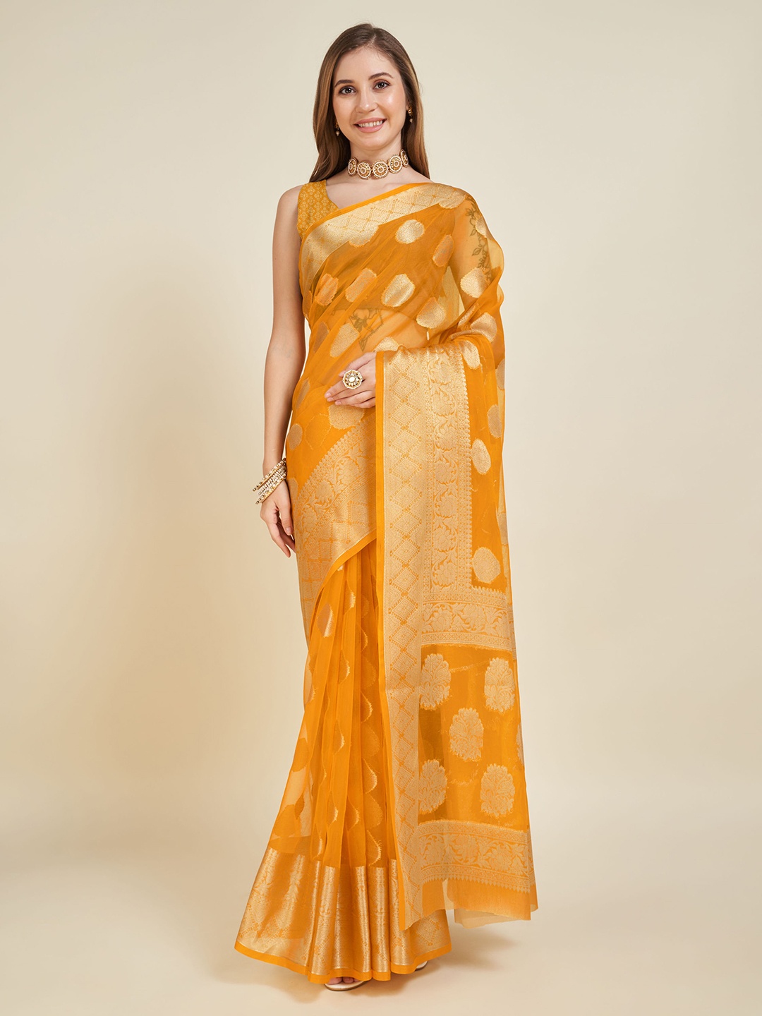 

DIVASTRI Ethnic Motifs Woven Design Organza Banarasi Zari Saree, Orange