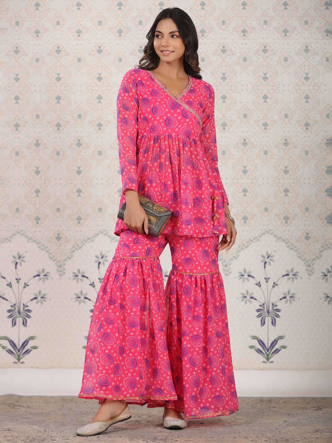 

Ode by House of Pataudi Red Bandhani Printed Angrakha A-Line Kurti With Sharara