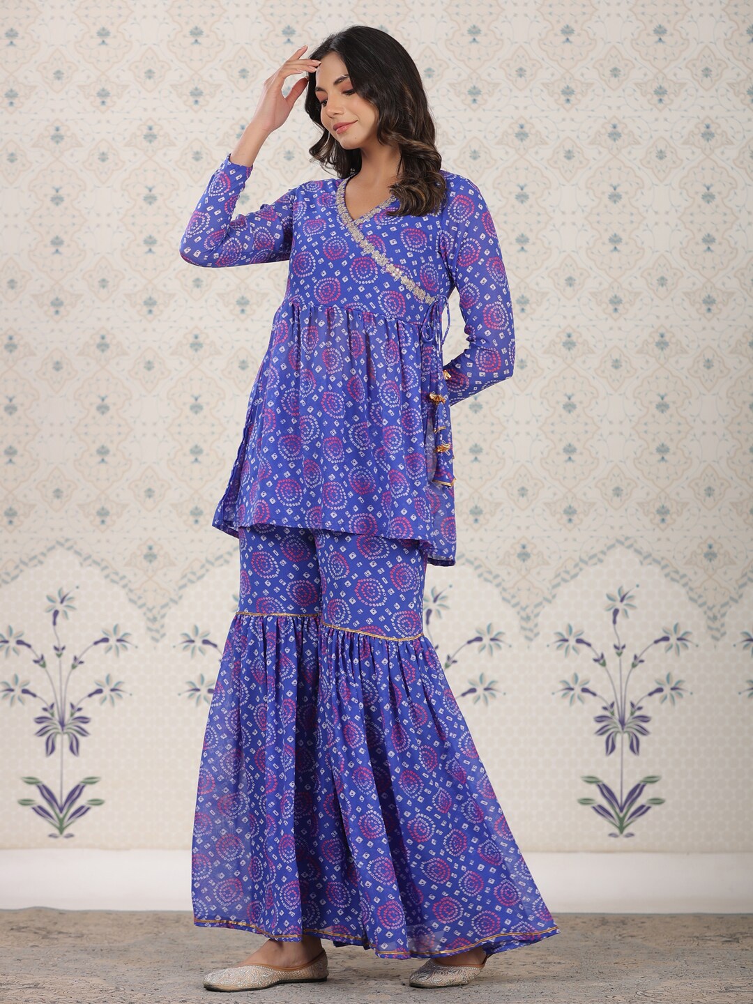 

Ode by House of Pataudi Bandhani Printed Angrakha Gotta Patti Kurti with Sharara, Blue