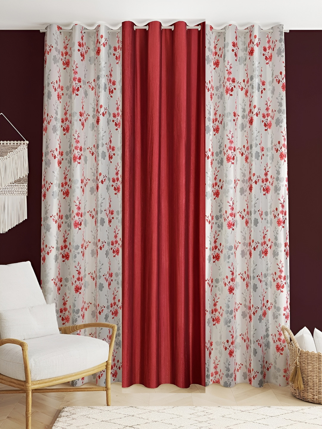 

stuffique Maroon & White 3 Pieces Floral Regular Window Curtain