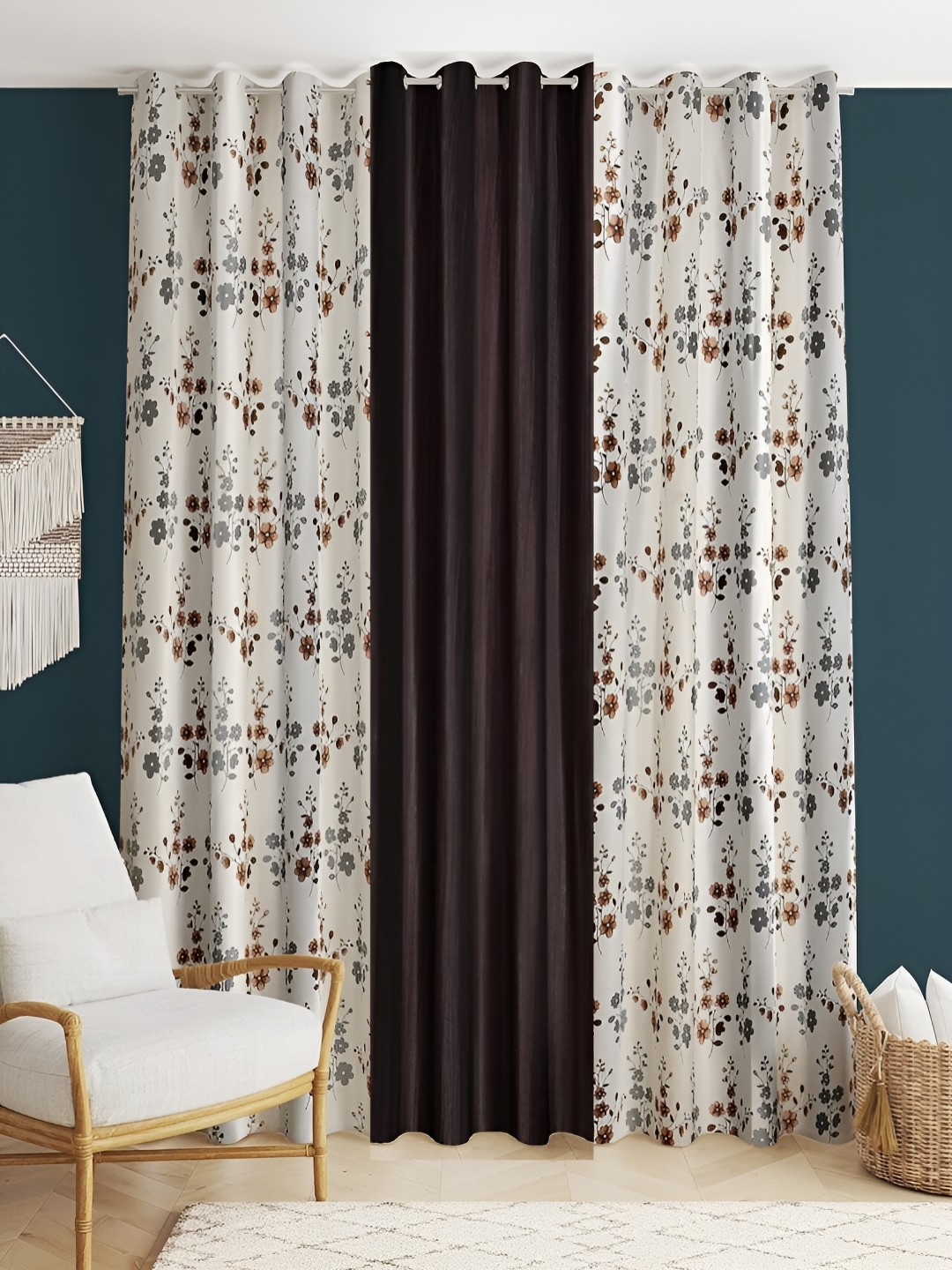 

stuffique Brown & White 3 Pieces Floral Regular Long Door Curtain