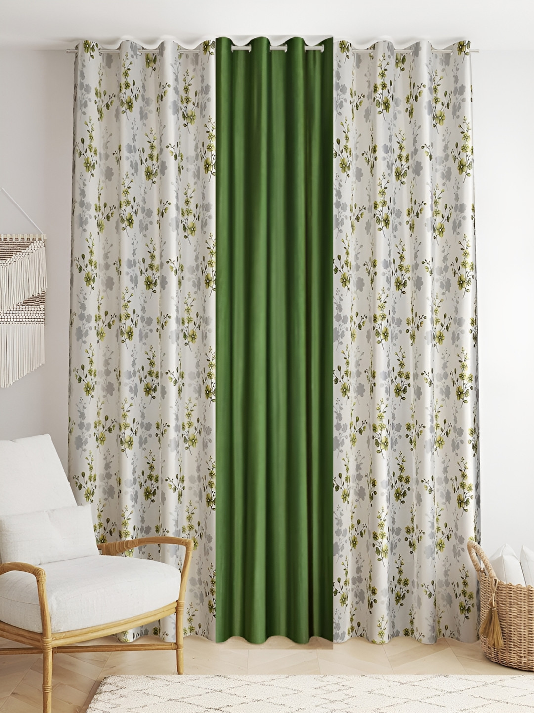 

stuffique Green & White 3 Pieces Floral Regular Window Curtain