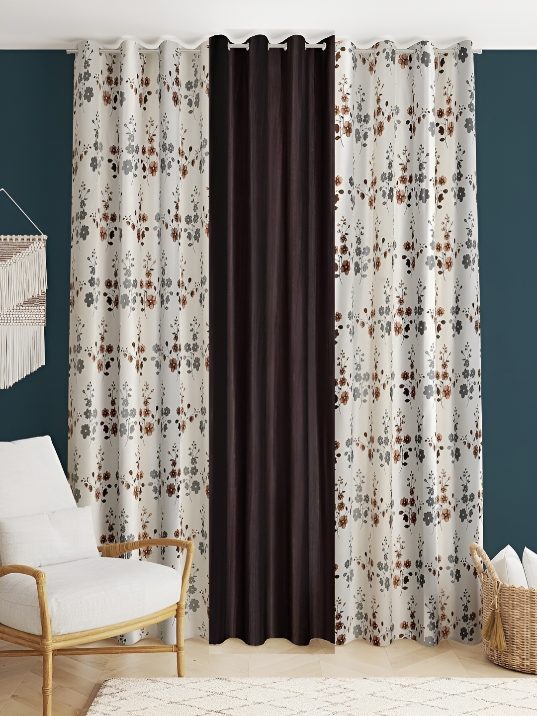 

stuffique Brown & White 3 Pieces Floral Regular Window Curtain