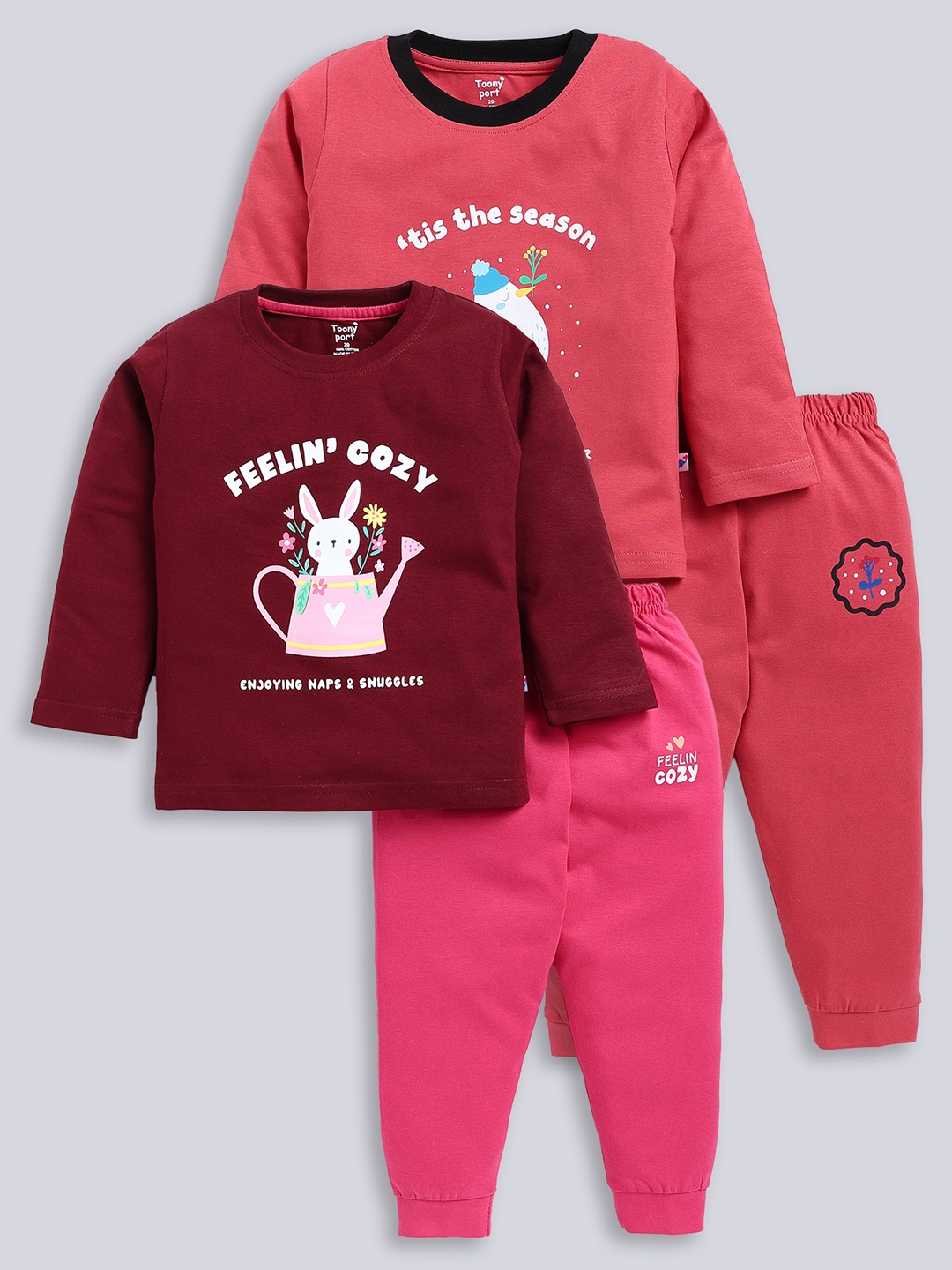 

Toonyport Kids Pack of 2 Graphic Printed Pure Cotton T-shirt with Trousers, Pink