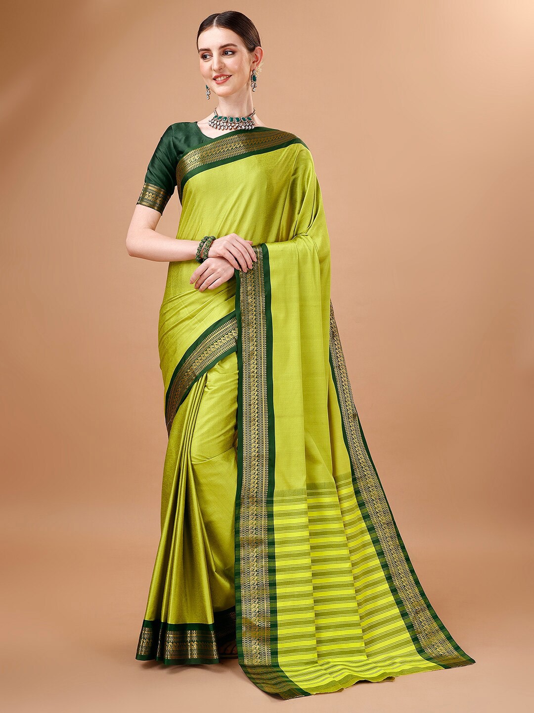 

Momina Fashion Woven Design Zari Banarasi Saree, Lime green
