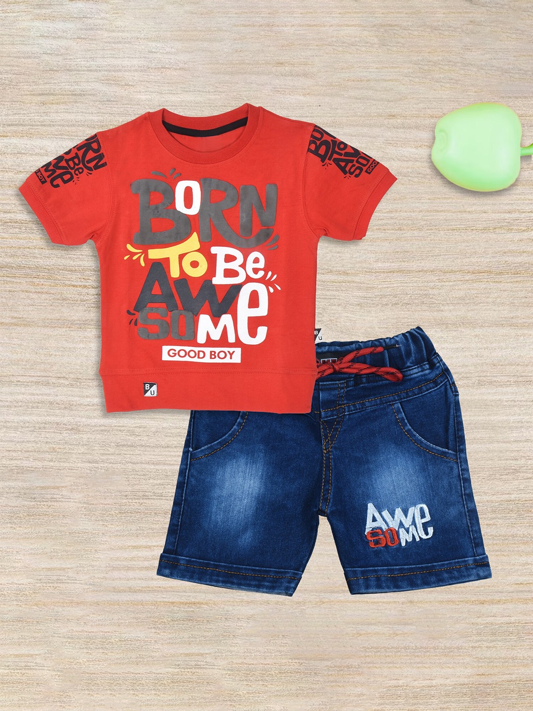 

BAESD Boys Typography Printed Pure Cotton T-shirt & Shorts, Red