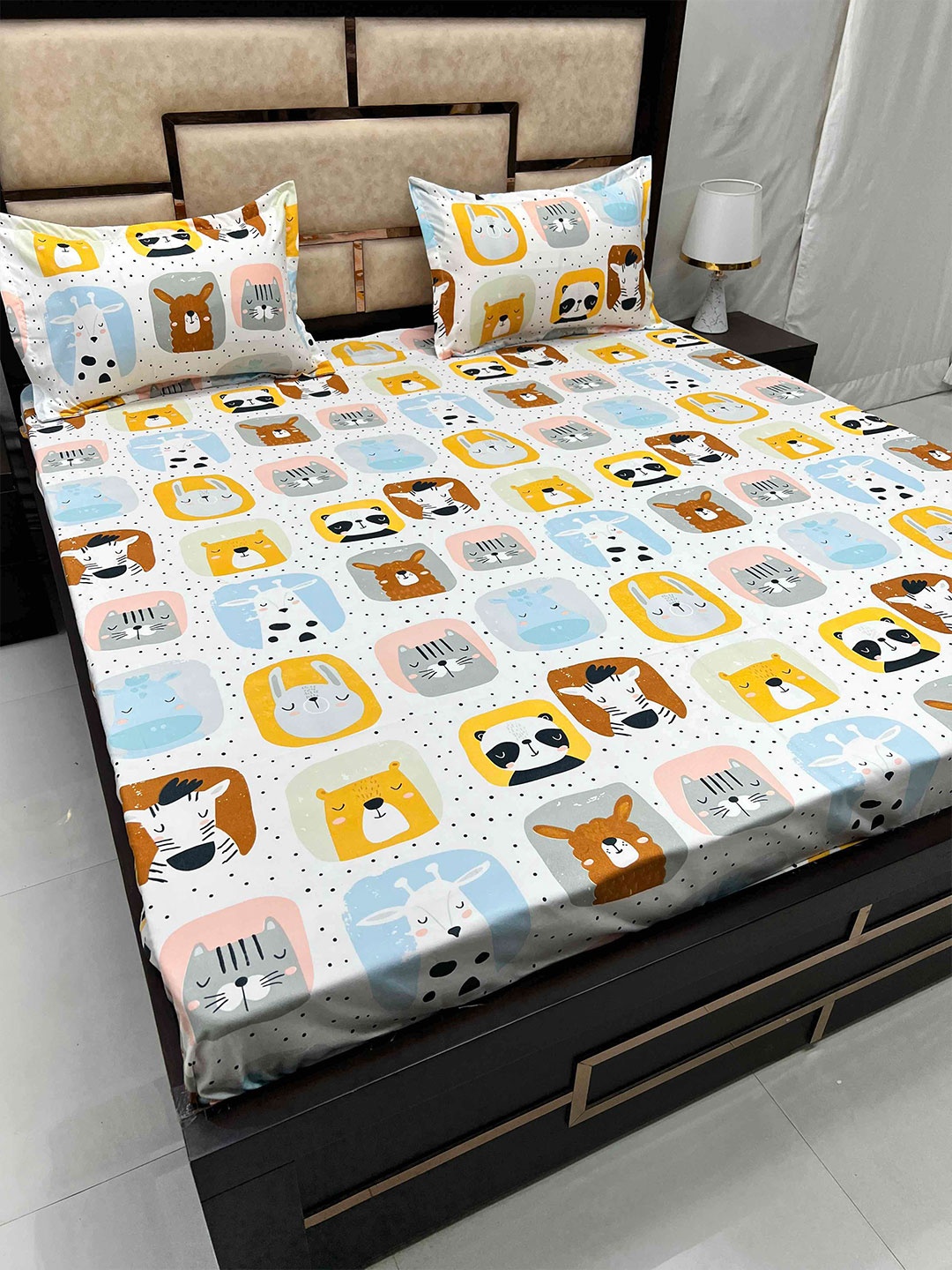 

Pure Decor White & Blue Cartoon Characters 250 TC Queen Bedsheet with 2 Pillow Covers