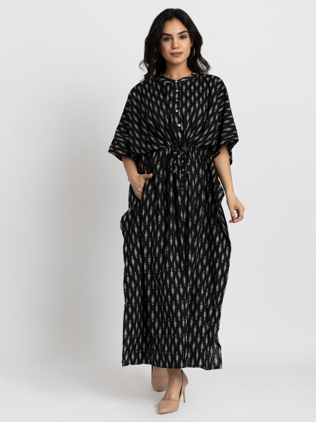 

Safeera Black Floral Printed Maxi Pure Cotton Kaftan Nightdress