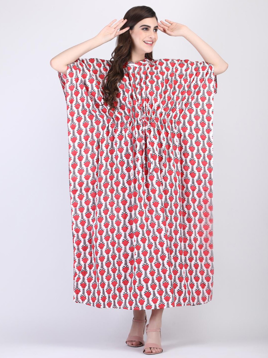 

Safeera Floral Printed Mandarin Collar Fit & Flare Midi Kaftan Dress, Multi