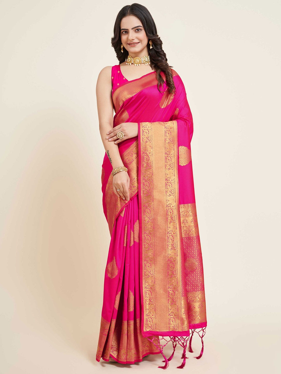 

Mitera Woven Design Zari Silk Banarasi Saree, Pink