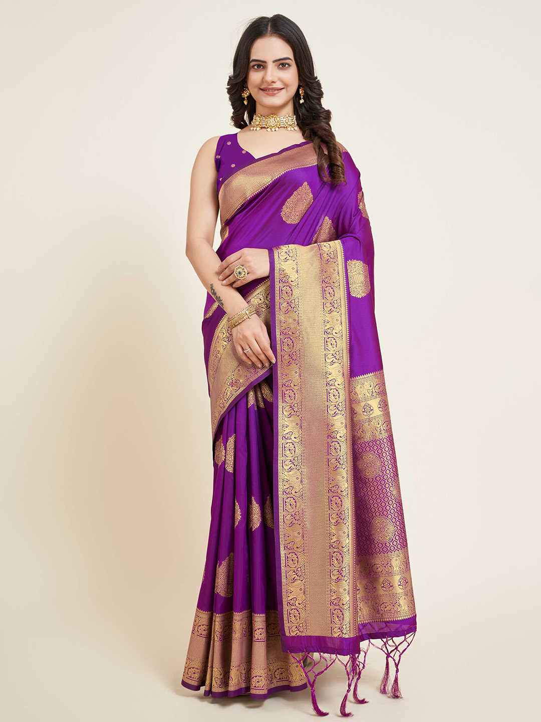 

Mitera Purple & GoldToned Ethnic Woven Design Zari Silk Designer Banarasi Saree
