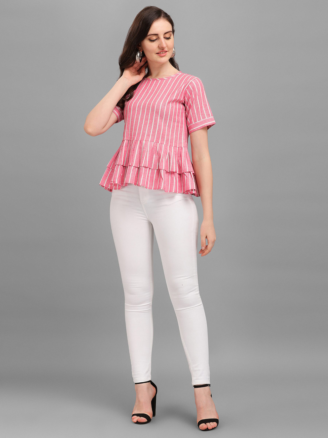 

Kinjo Striped Cotton Peplum Top, Pink