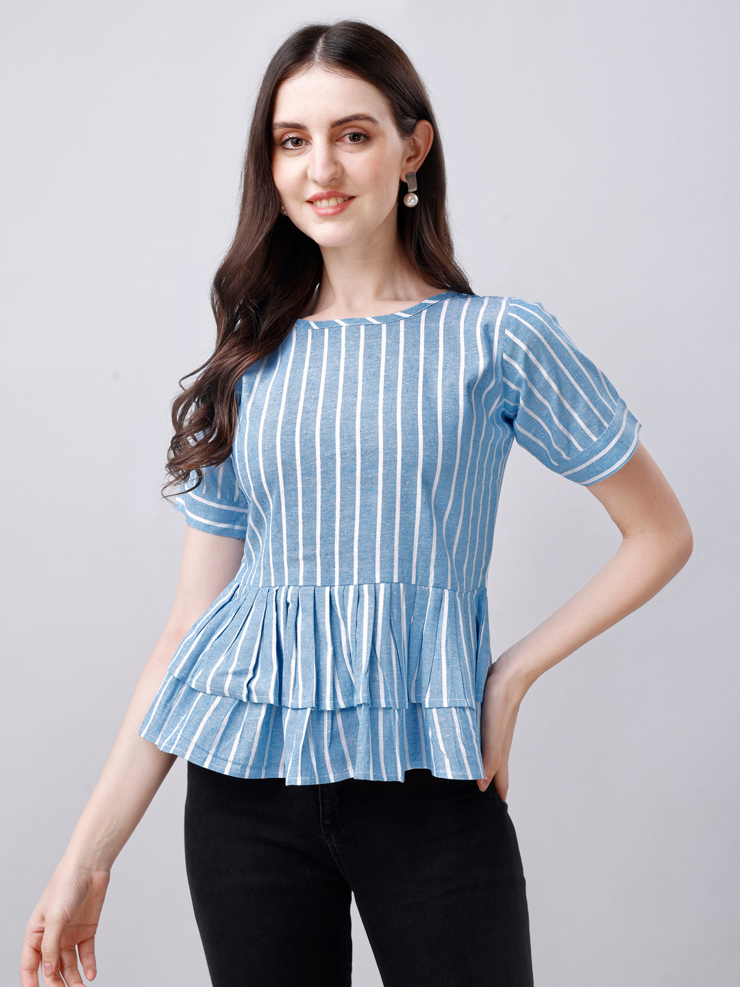 

Kinjo Striped Round Neck Short Sleeve Cotton Peplum Top, Blue
