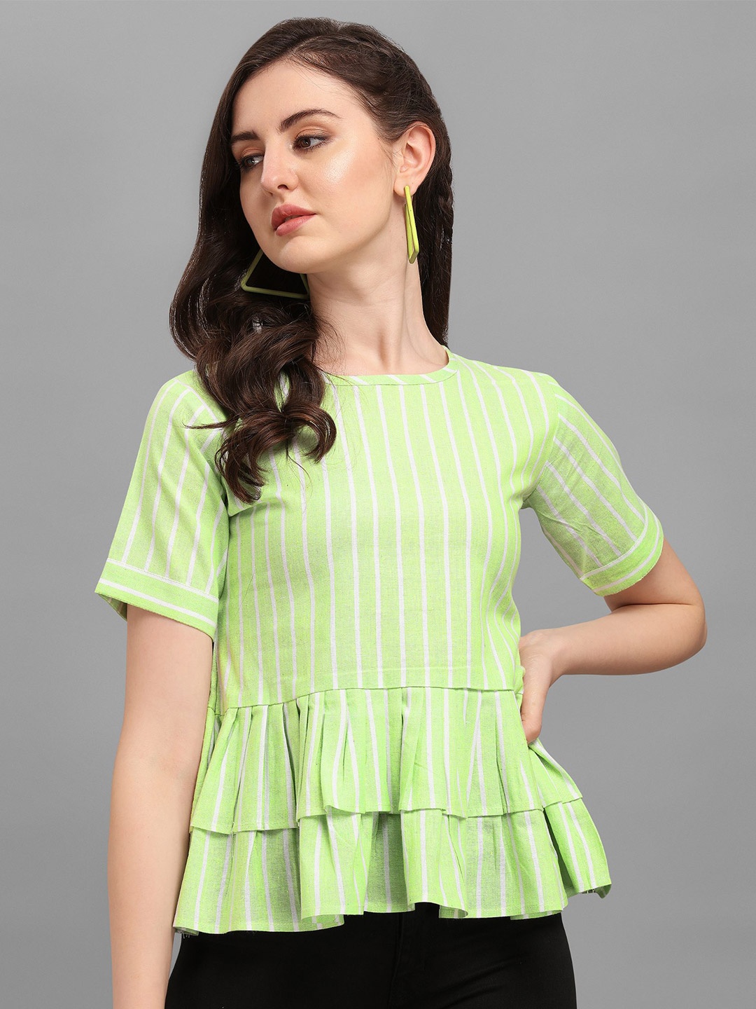 

Kinjo Striped Round Neck Cotton Peplum Top, Green