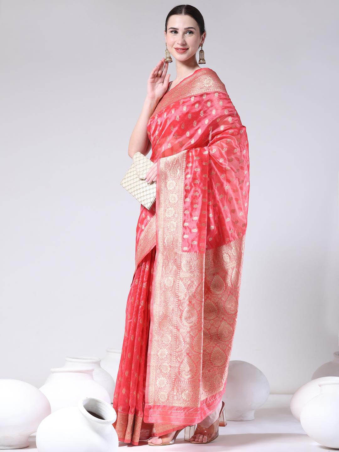 

Rujave Ethnic Motifs Woven Design Zari Organza Banarasi Saree, Peach