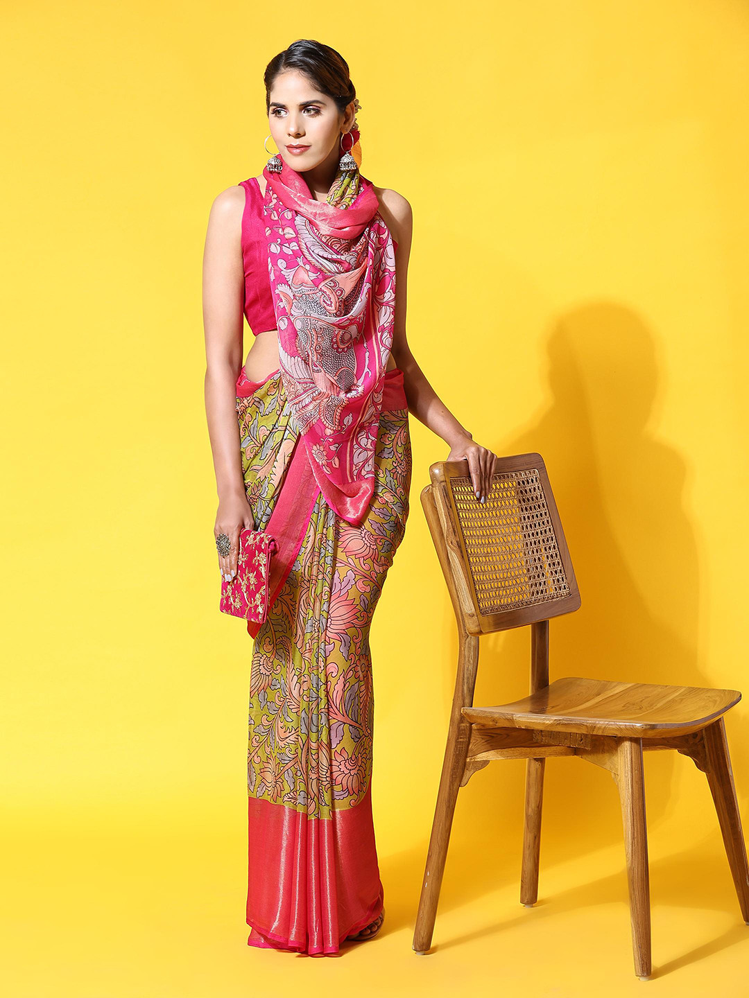

Rujave Kalamkari Pure Chiffon Saree, Pink