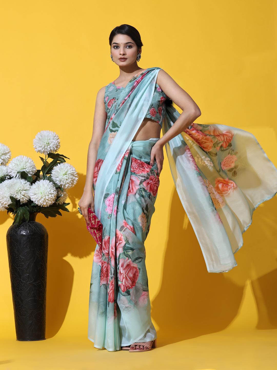 

Rujave Floral Printed Organza Saree, Blue