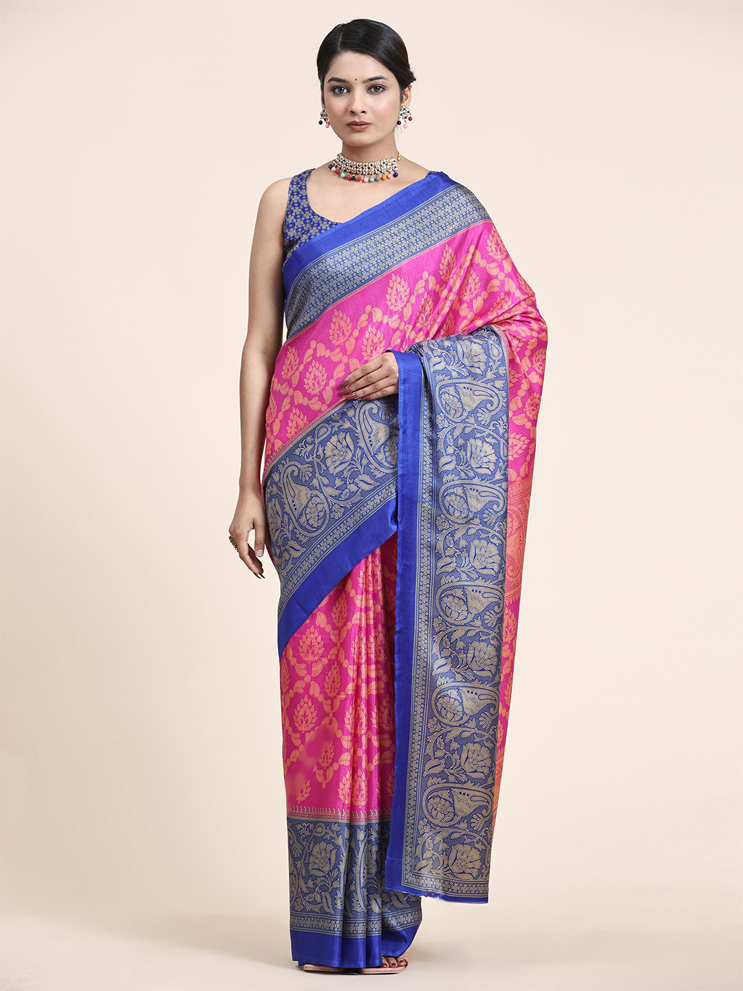 

Rujave Kalamkari Printed Banarasi Saree, Pink