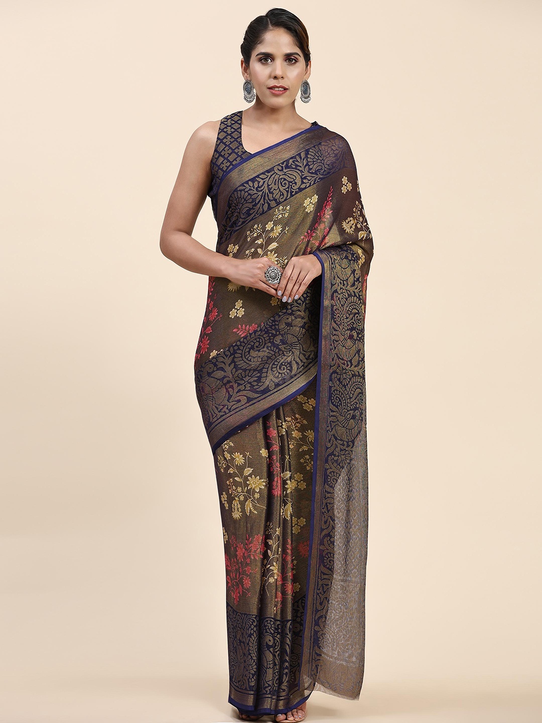 

Rujave Floral Woven Design Brasso Saree, Navy blue