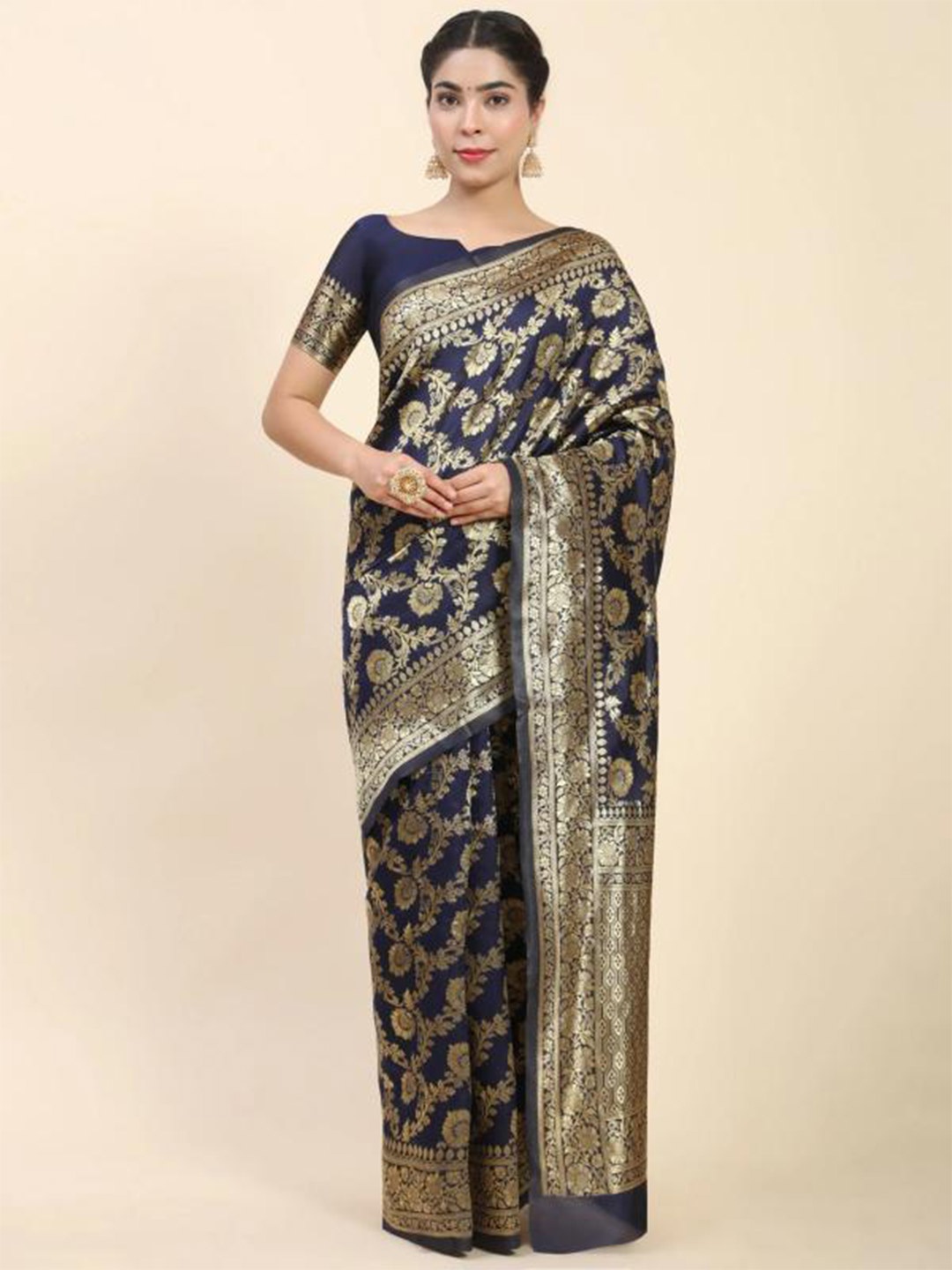 

Rujave Ethnic Motifs Woven Design Zari Banarasi Saree, Navy blue